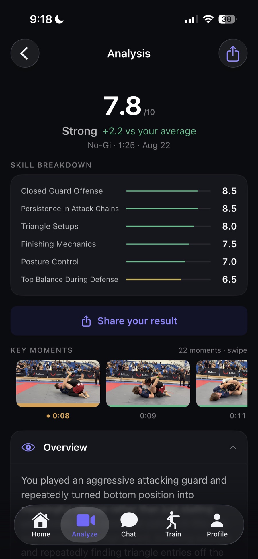 SmartBJJ analysis: overall rating 7.8 with six per-skill scores and key moments