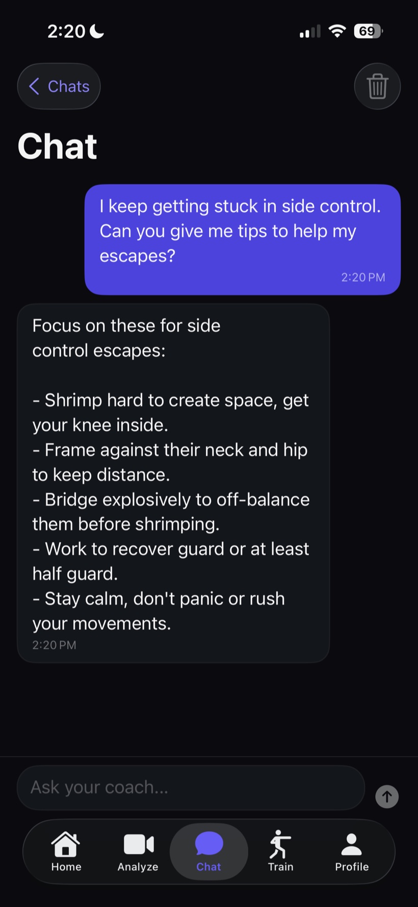 SmartBJJ AI coach chat answering a side control escape question