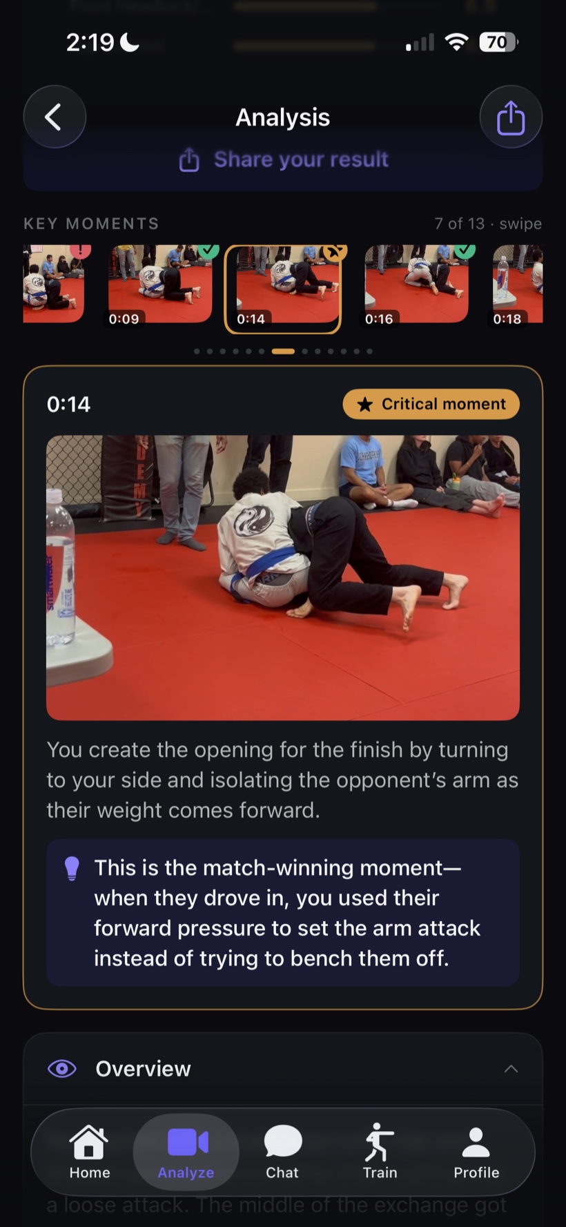SmartBJJ critical moment from a roll with an AI coaching insight