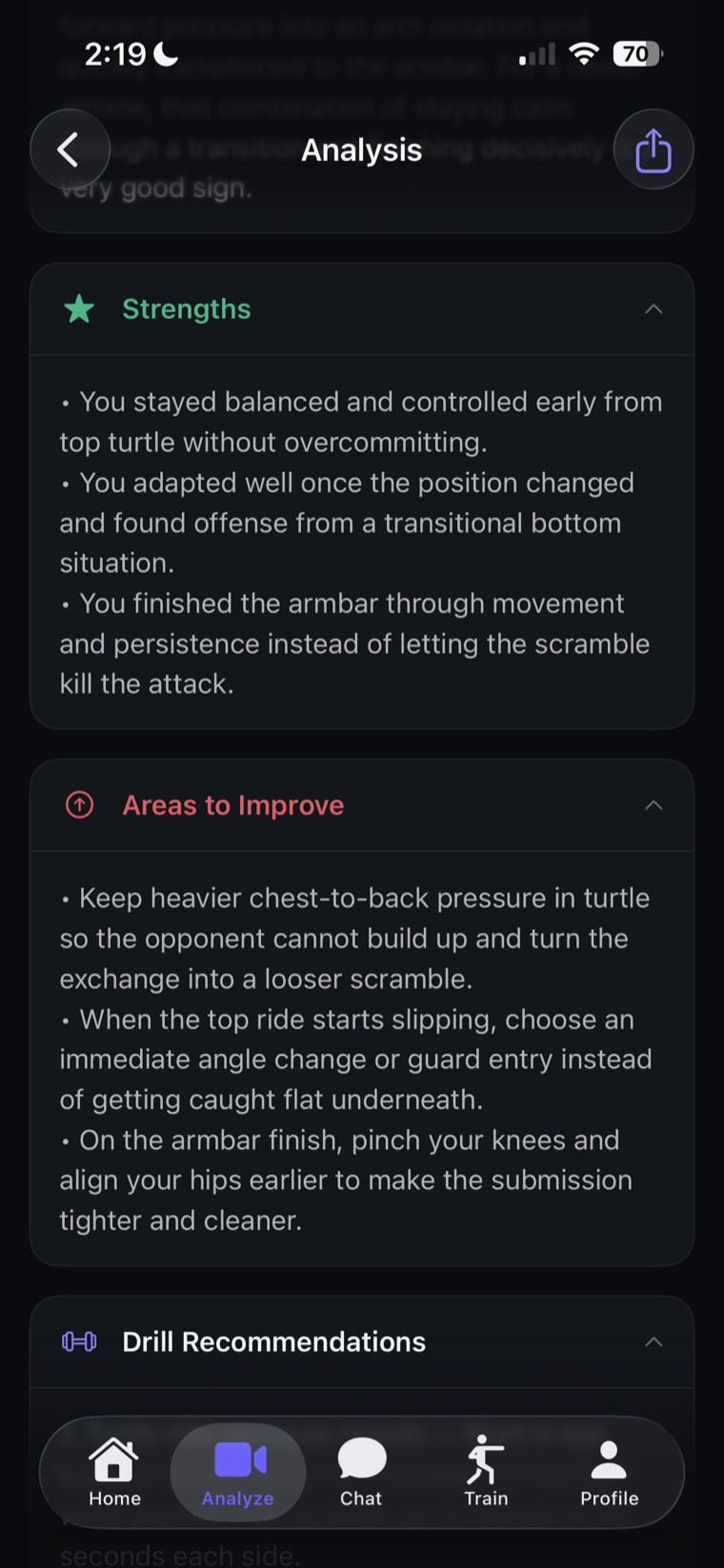 SmartBJJ strengths, areas to improve and drill recommendations