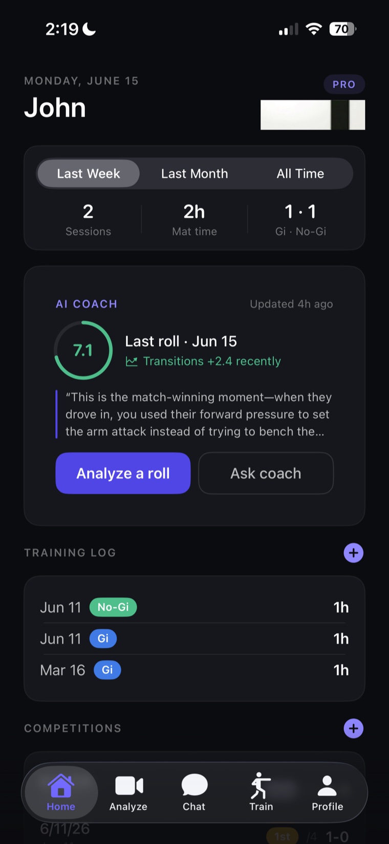 SmartBJJ home dashboard